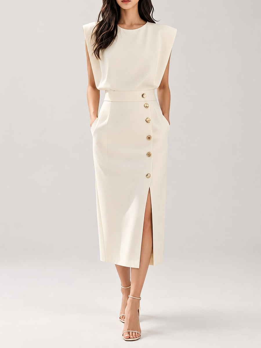 classic midi dress in black with round neck