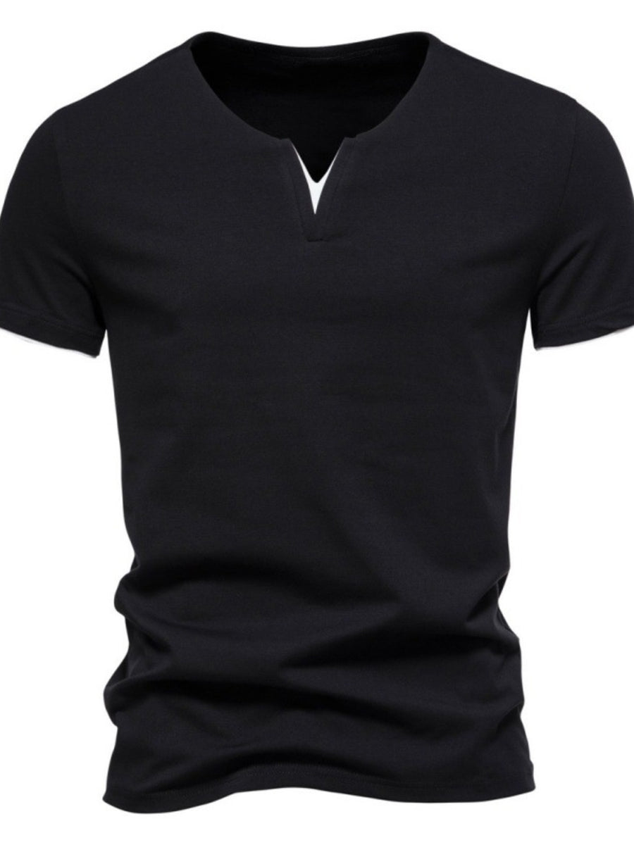 Black cotton slim fit tee with notched V-neck and short sleeves.