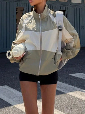 Color Block Zip-up Jacket in white with pocketed