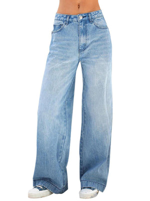wide-leg jeans in light blue featuring buttoned and flared fit