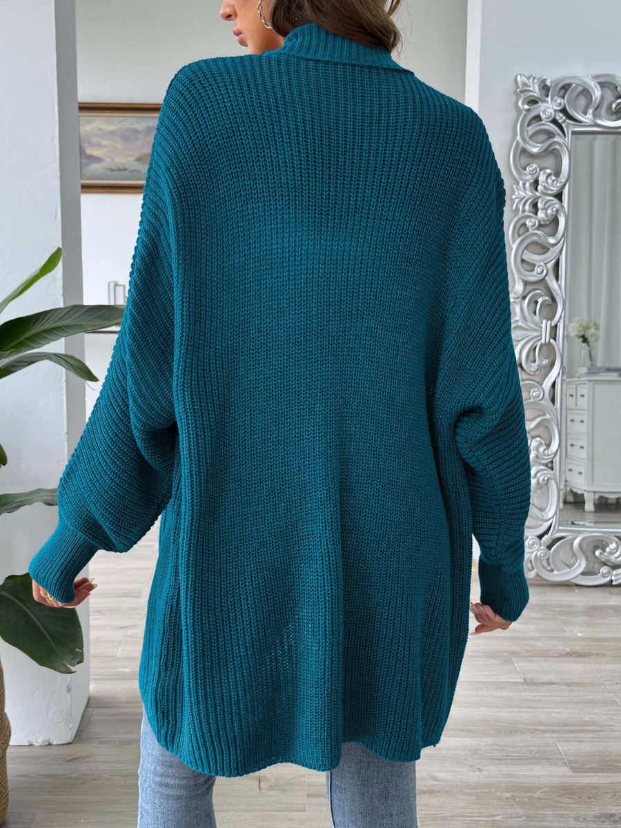 Deep Teal ribbed knit cocoon cardigan with a relaxed fit and long sleeves.