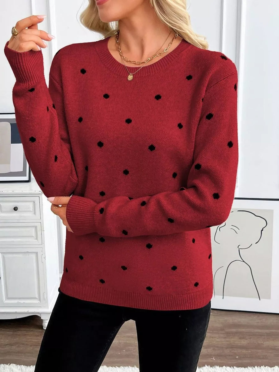 pullover sweater featuring polka dot in Navy with 65% polyester, 30% viscose, 5% elastane Care instructions: Machine wash