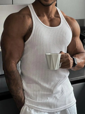 White ribbed muscle tank top with a sculpted fit and crew neck.