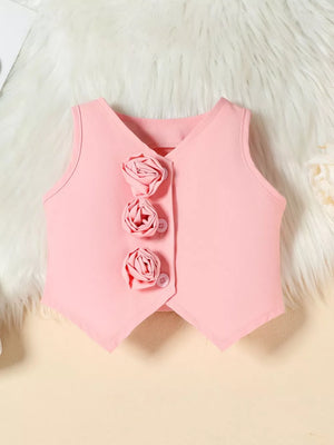 Pink baby vest with decorative floral buttons and V-neckline