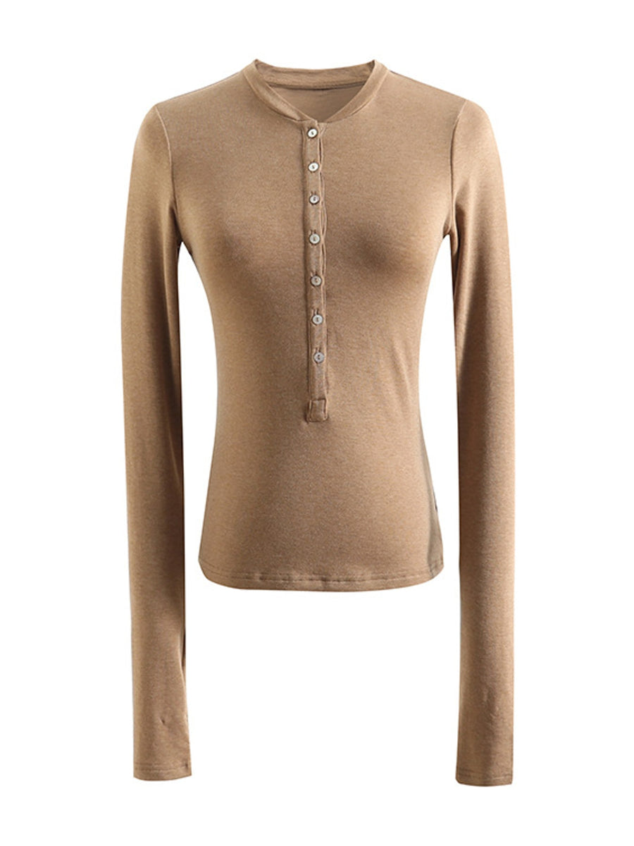 Slim-Fit Button-Down Long Sleeve Knit Top in Khaki with lightweight