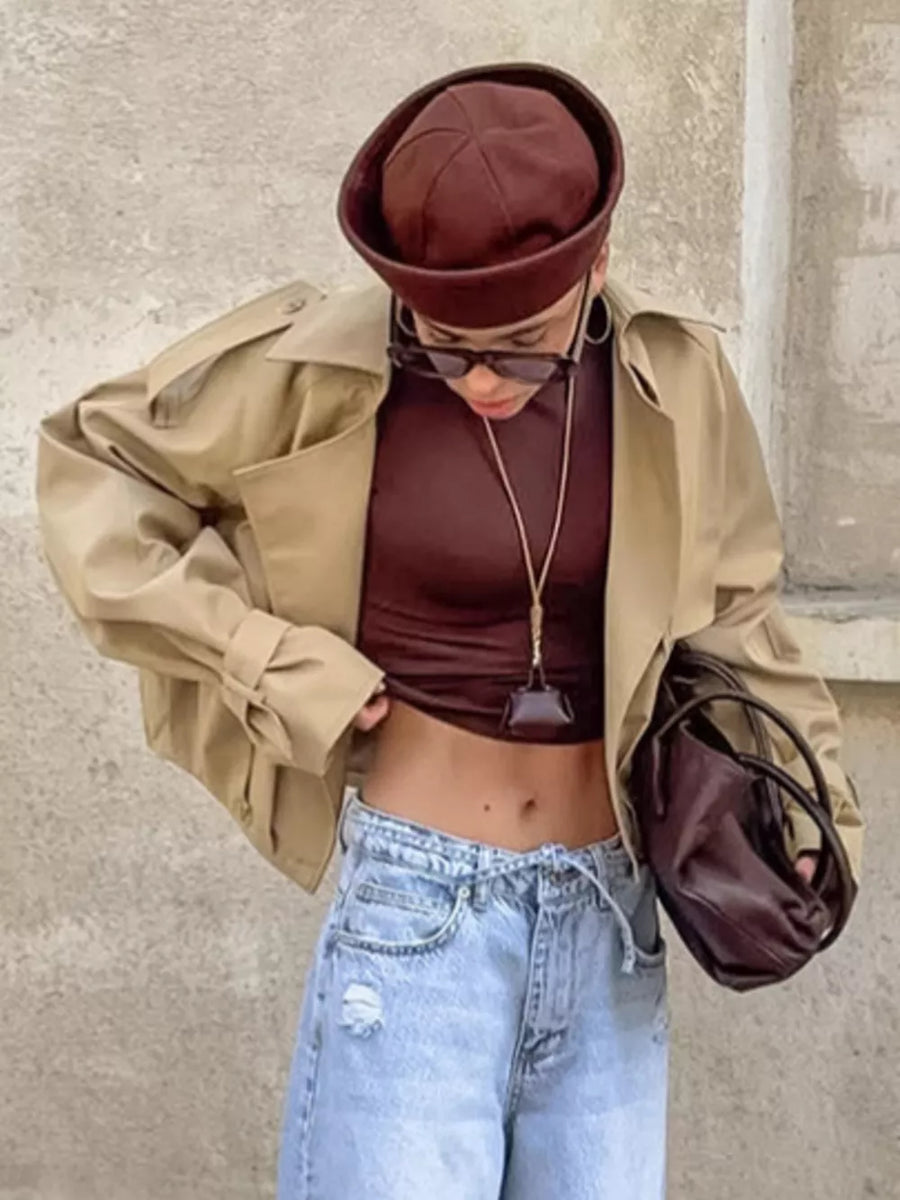 khaki trench coat with cropped and button-front