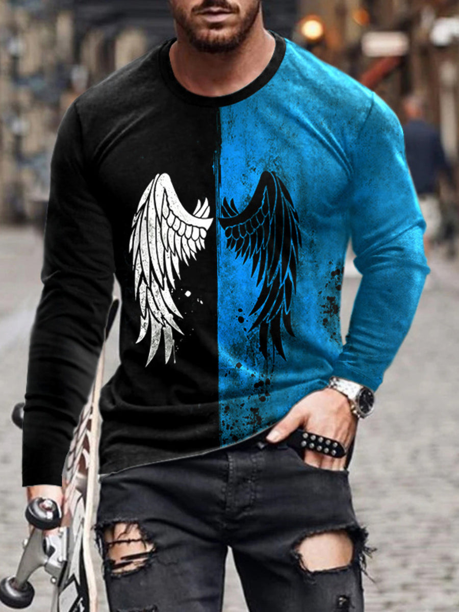 White Men's Full Size Split-color Wing Graphic Long-sleeve T-shirt