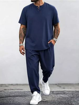 White Men's Plus Size Casual Short Sleeve Top And Pants Set