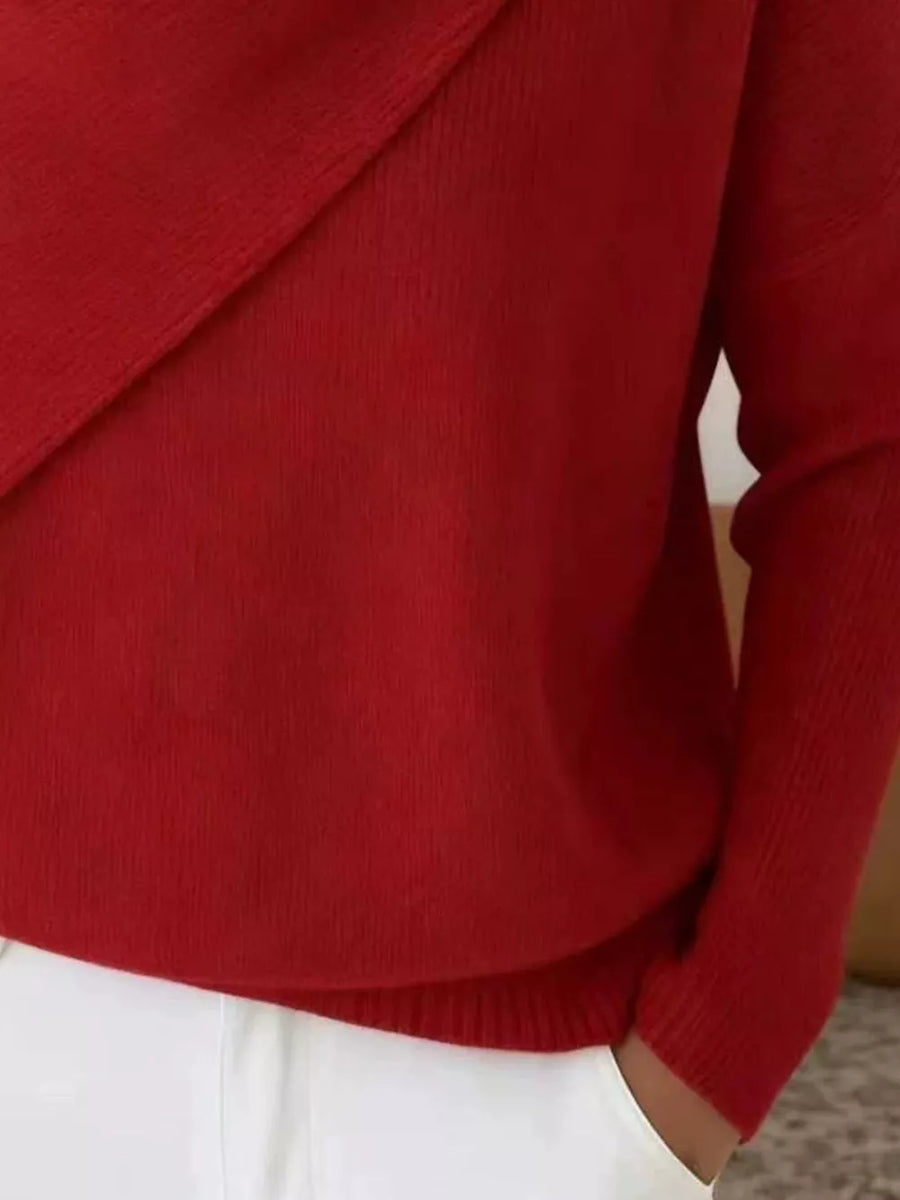 Red relaxed pullover sweater with cowl neck