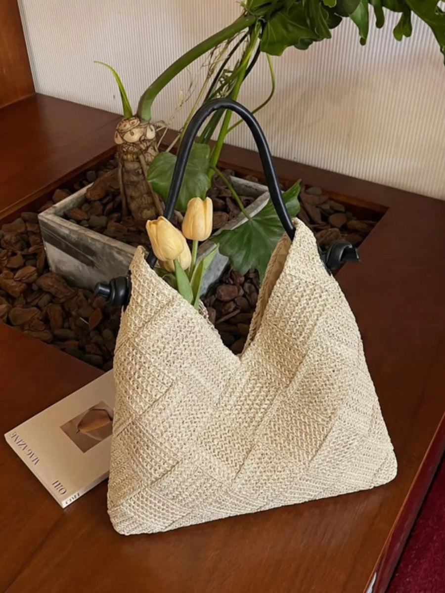 Woven Straw Shoulder Bag in Cream White