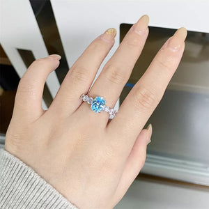 925 Sterling Silver Oval Ring With Diamonds in sky blue with oval cut stone