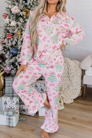 pajama set in Blush Pink with christmas print and pocketed
