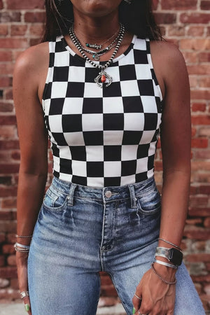 Graphic checkerboard seamless tank top with a scoop neck, paired with distressed denim jeans.