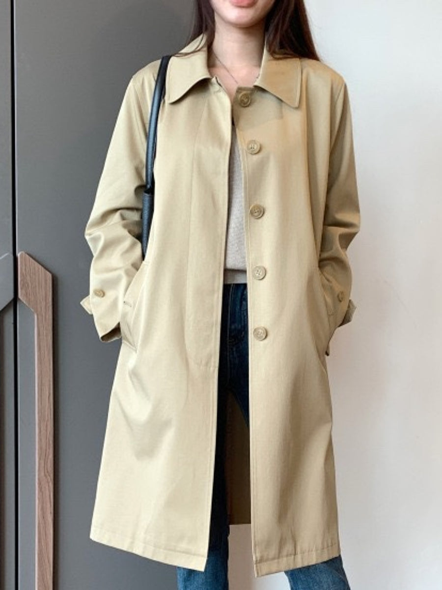 navy blue trench coat with below-knee and button-front