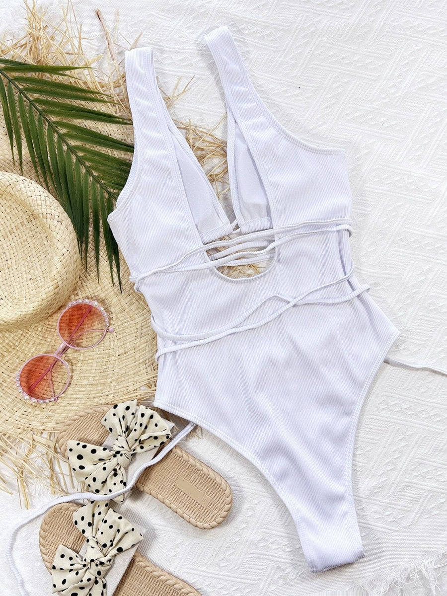 White ribbed cut-out one-piece swimsuit with plunge neckline and wrap detail