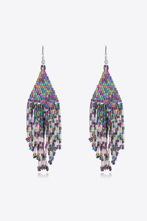 Prismatic beaded fringe earrings with multicolor beads and long dangling strands.