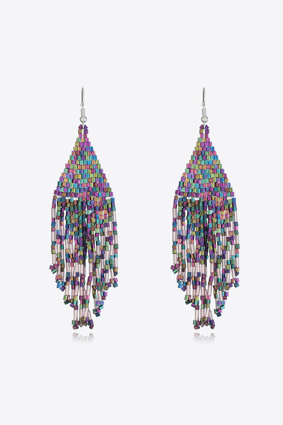 Prismatic beaded fringe earrings with multicolor beads and long dangling strands.