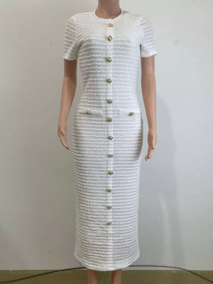 Textured ivory white midi dress with short sleeves, gold buttons, and two chest pockets.
