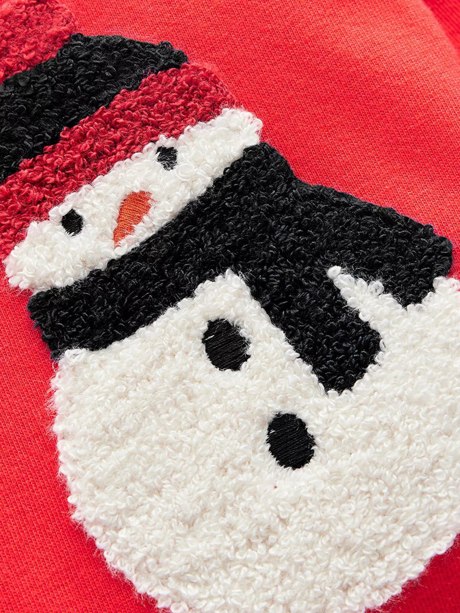 Red crew neck sweatshirt with embroidered snowman detail