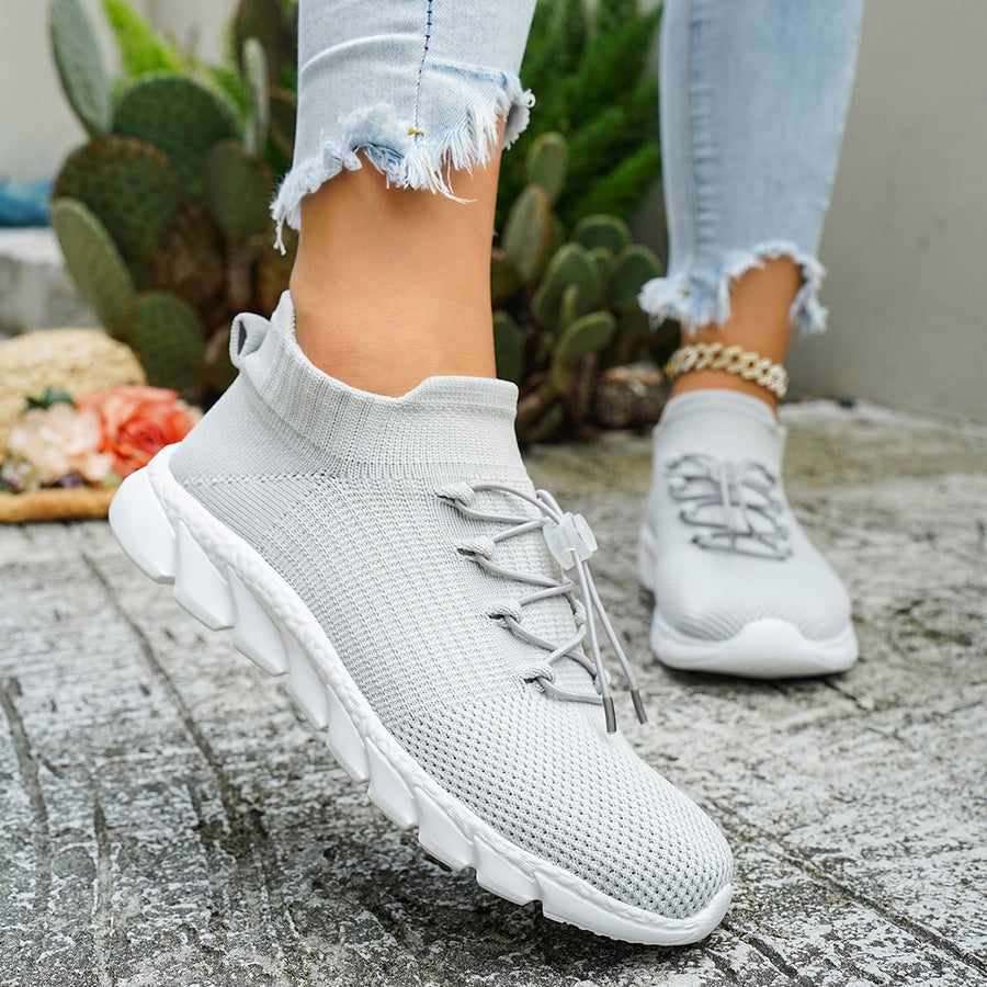 Mesh Round Toe Lace Up Sneakers in light gray with round toe