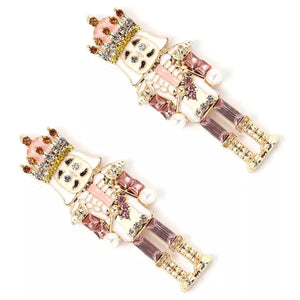 Blush pink nutcracker dangle earrings with crown and pearls, 18k gold alloy