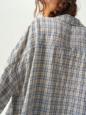 button-down shirt in cream with plaid and button cuffs