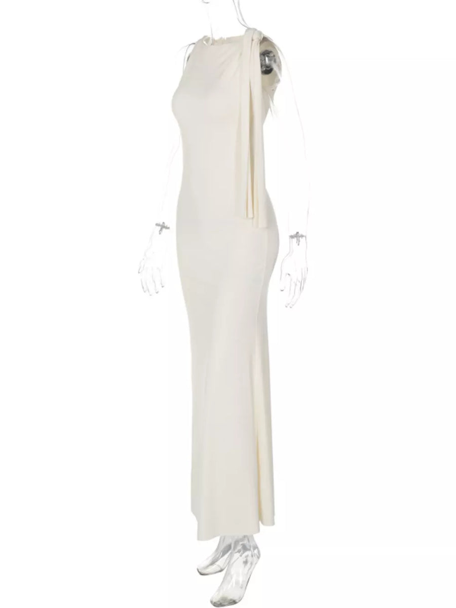 Cream asymmetrical draped maxi dress with tie shoulder detail
