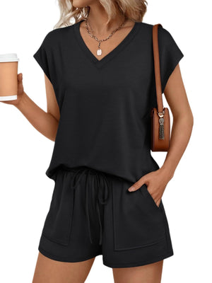 Black V-neck top and drawstring shorts set with pockets, women's casual loungewear.