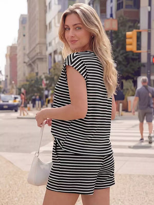 Black and white striped tee and shorts set with drawstring detail.