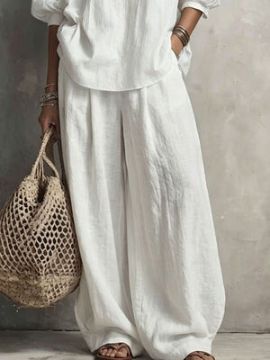 ivory relaxed blouse and wide-leg pants set with notched v-neck