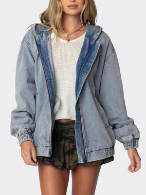 Light wash denim hooded oversized jacket with zip front and elastic cuffs