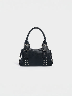 Studded Decor Shoulder Bag With Buckle in black with studded