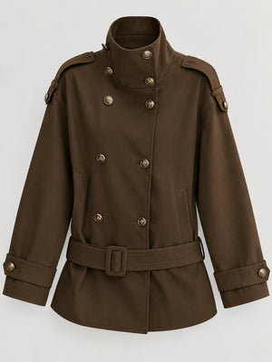 Double-Breasted Turtleneck Trench Coat in Coffee with double-breasted