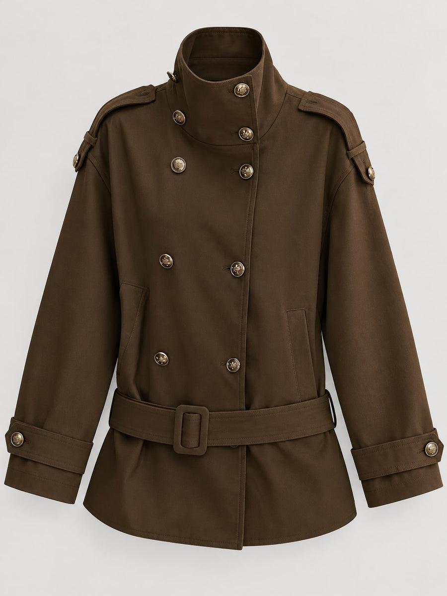 Double-Breasted Turtleneck Trench Coat in Coffee with double-breasted