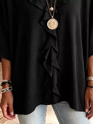 Full Size Ruffled V-neck 3/4 Sleeve Blouse in Black with frill