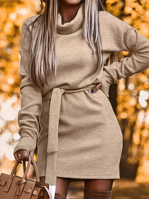 Khaki with Turtleneck Belted Knit Dress in Khaki