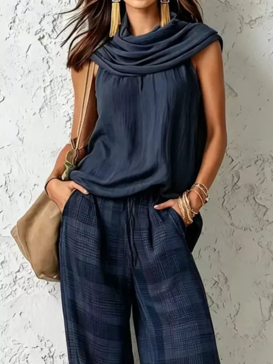 black two-piece set with drawstring and plaid