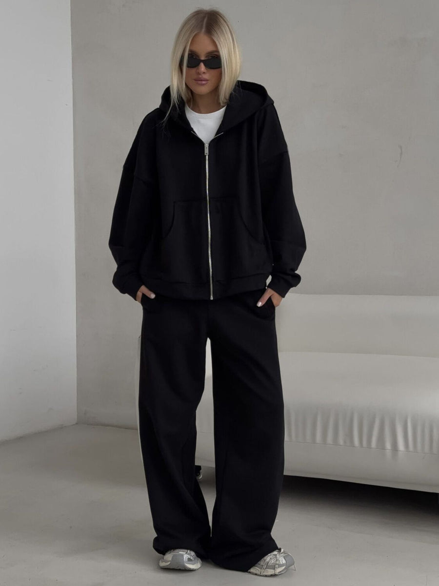 Casual Zip-Up Hoodie And Wide-Leg Sweatpants Set in White with pocketed