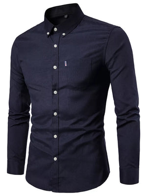 Navy cotton button-down shirt with pocket and white buttons
