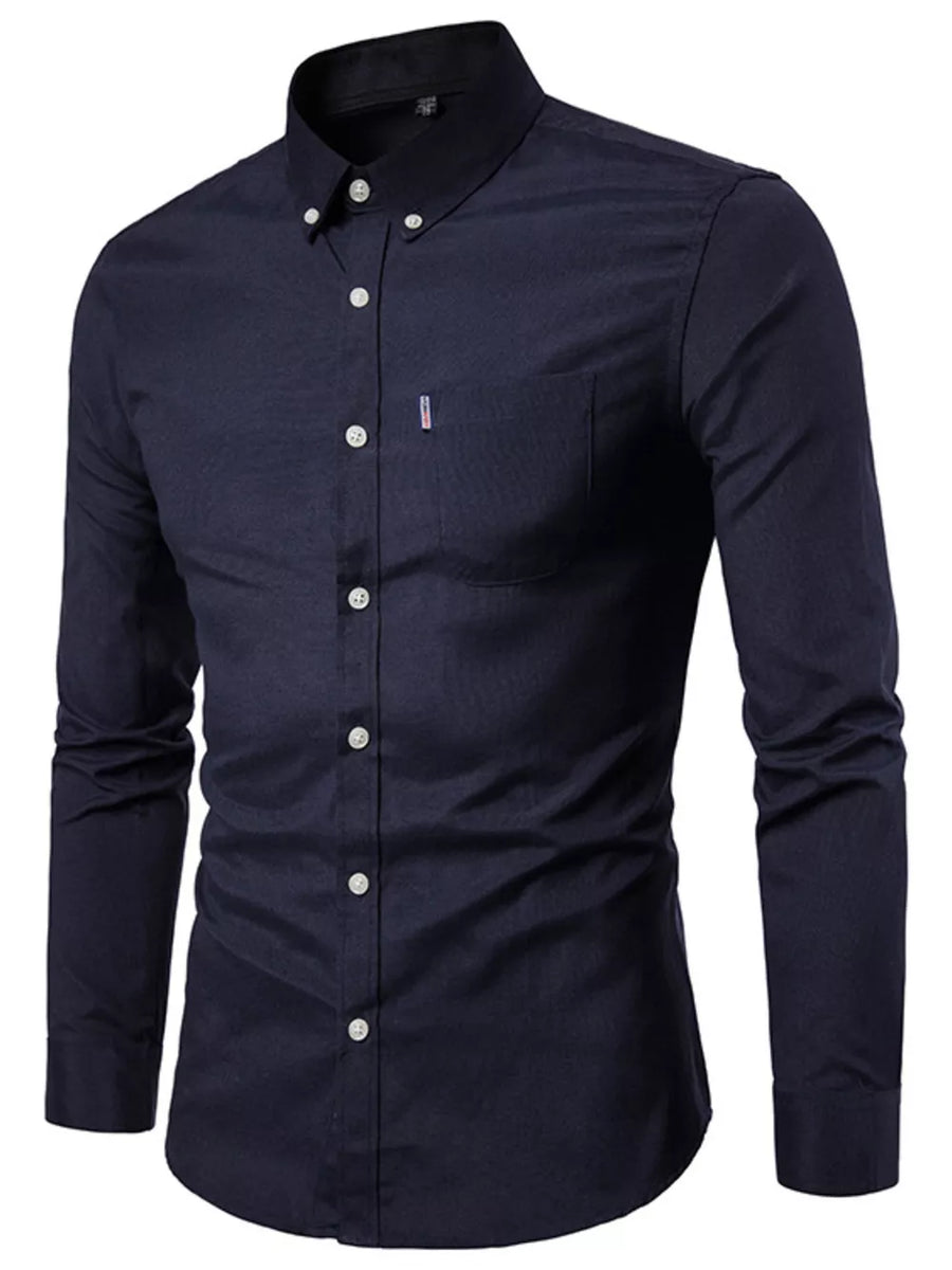 Navy cotton button-down shirt with pocket and white buttons