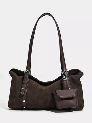 Brown suede medium shoulder bag with adjustable straps and a small attached pouch.