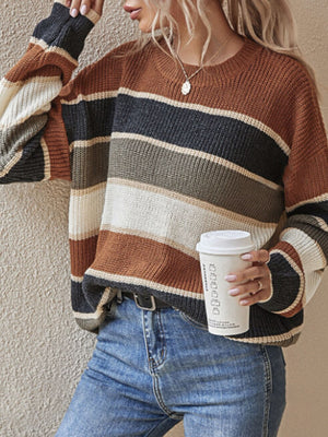 crewneck sweater in Black with striped and stretch
