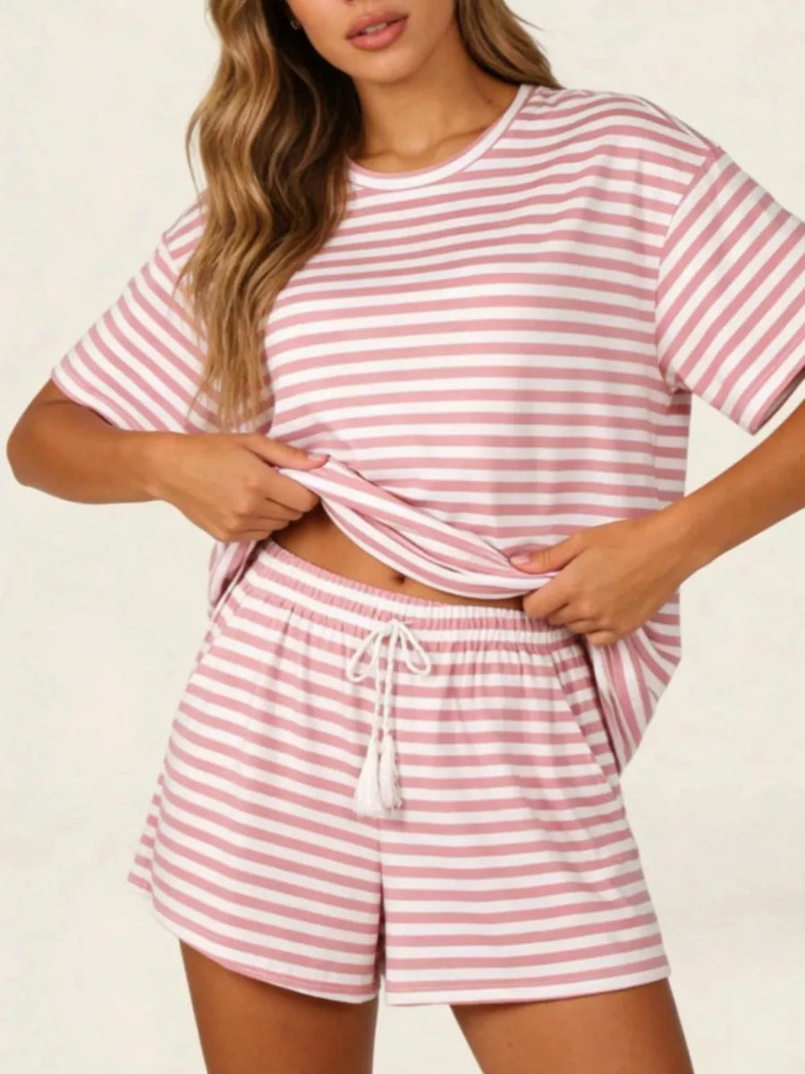 Pink and white striped loungewear set with drawstring shorts and a tee.