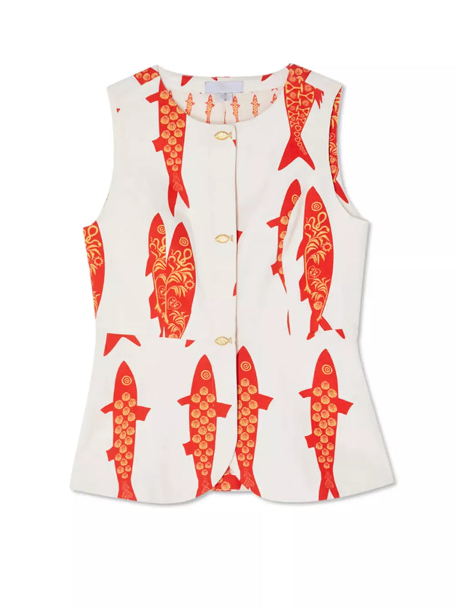 Red fish-print sleeveless top with gold button details.