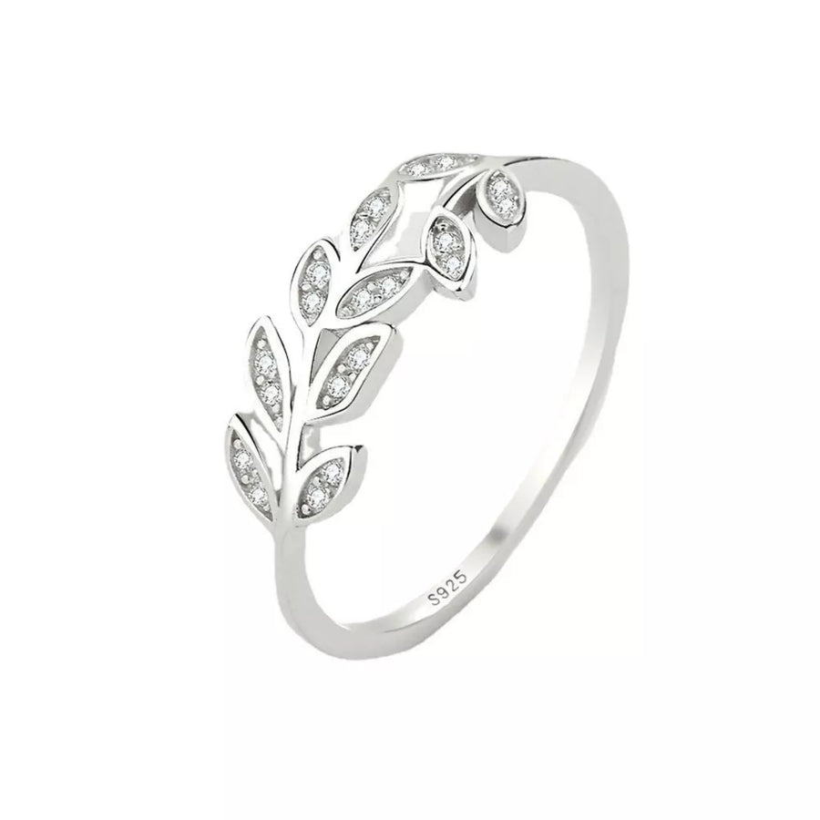 Delicate sterling silver ring with a leaf design accented with small crystals.