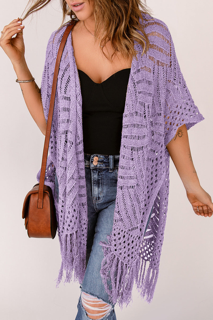 Lavender open knit chevron fringe cardigan with short sleeves and boho styling.