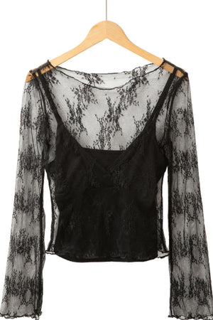 Black floral lace bodysuit with bell sleeves and a cami underlayer.