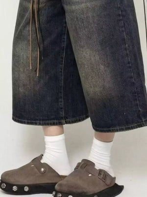 Men's Wide Leg Washed Denim Capris Plus Size in Dark
