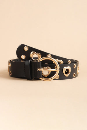 Black leather belt with gold heart cutouts and alloy buckle