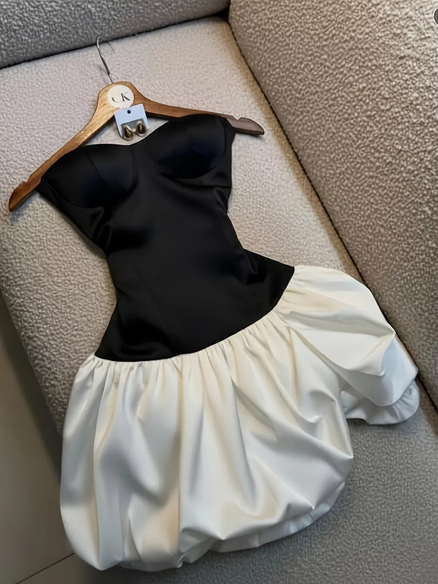 black mini dress with color-block and strapless